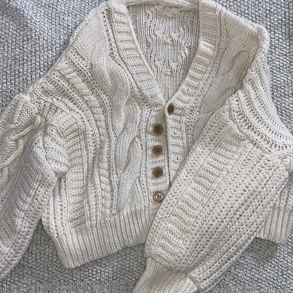 Sweaters - Cream/Off-White Cable Knit Cardigan with Puffy Sleeves